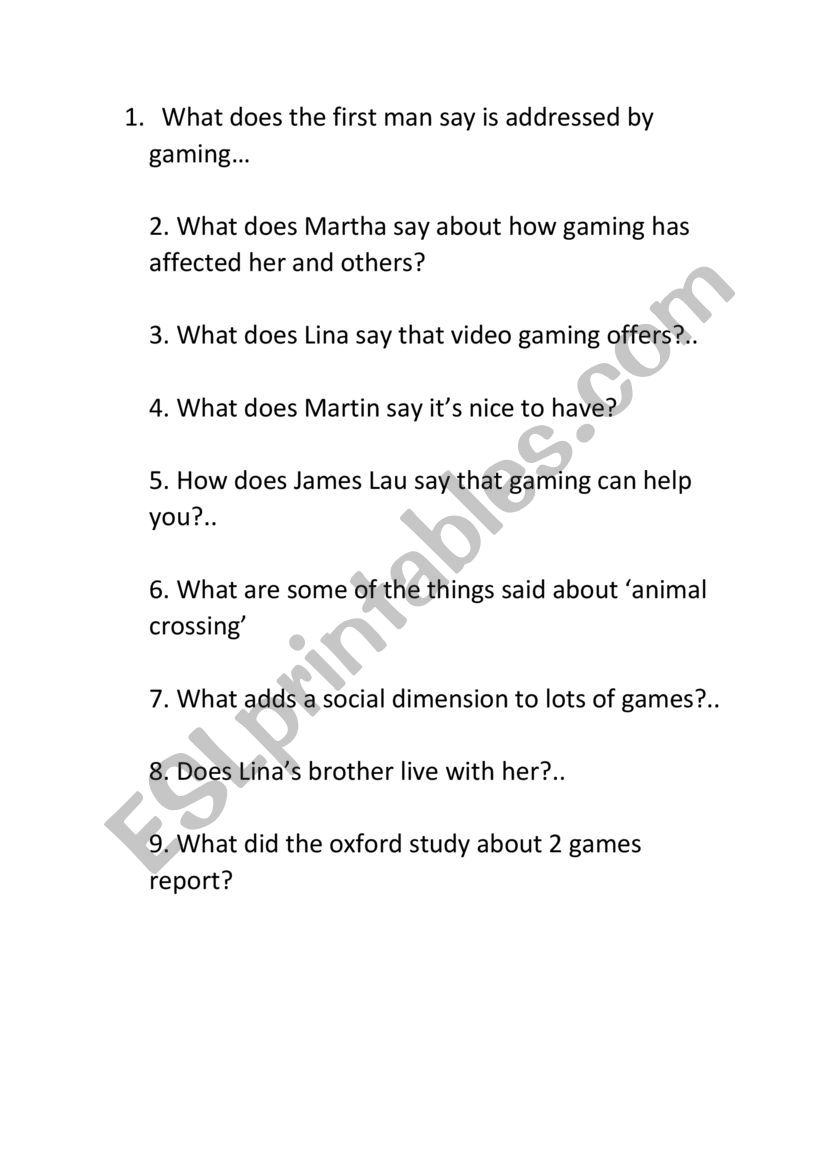 positive sides of gaming worksheet