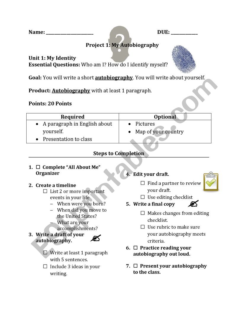 Autobiography project worksheet