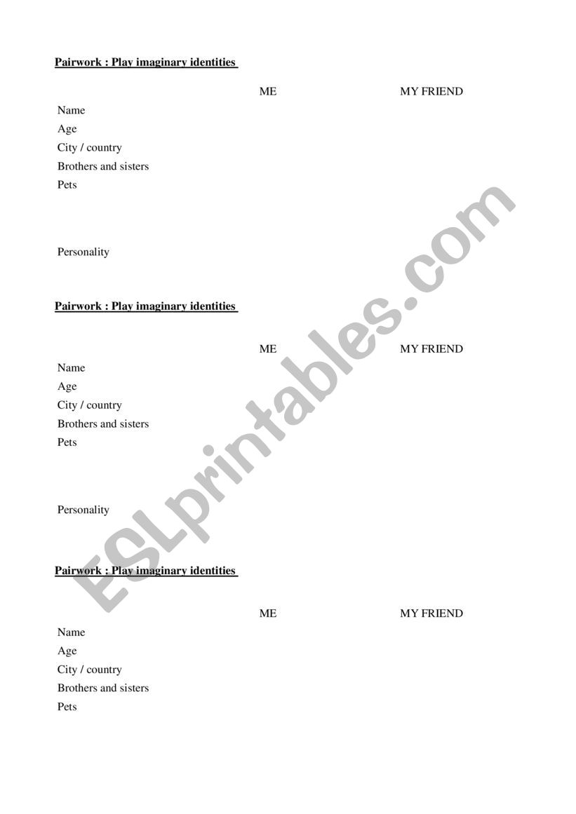 Imaginary identities pairwork 