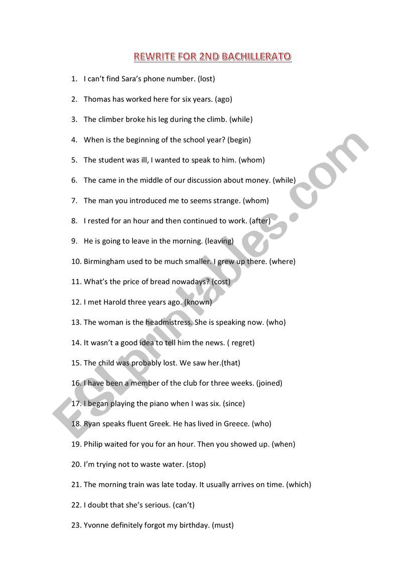 Rewrite for 2nd Bachillerato  worksheet