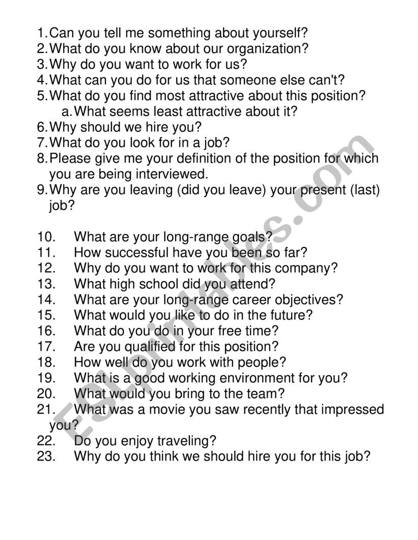 Job interview questions worksheet