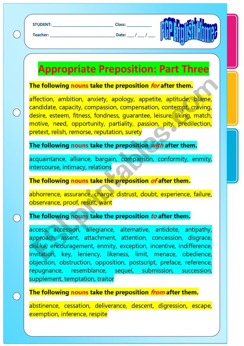 Appropriate Preposition: Part Three