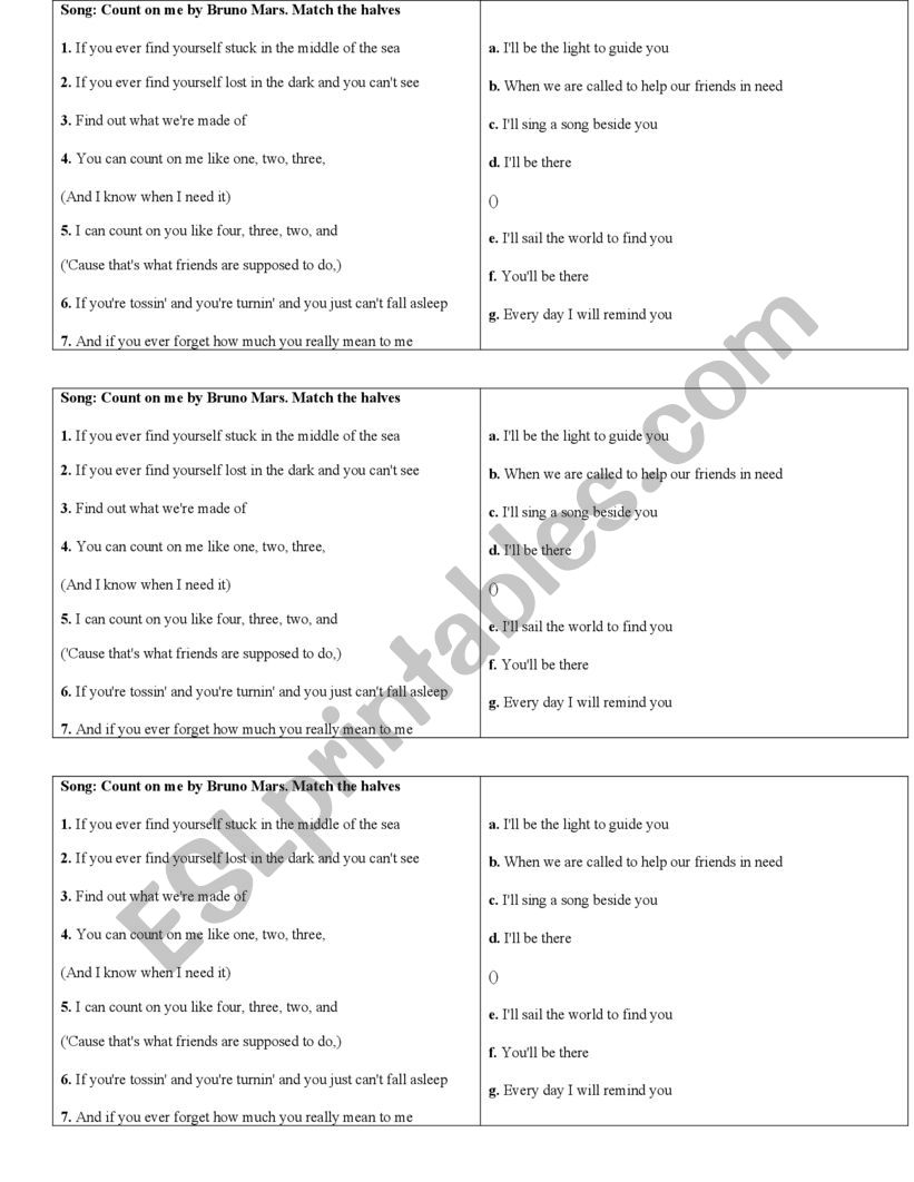 Song Count on me Bruno Mars worksheet