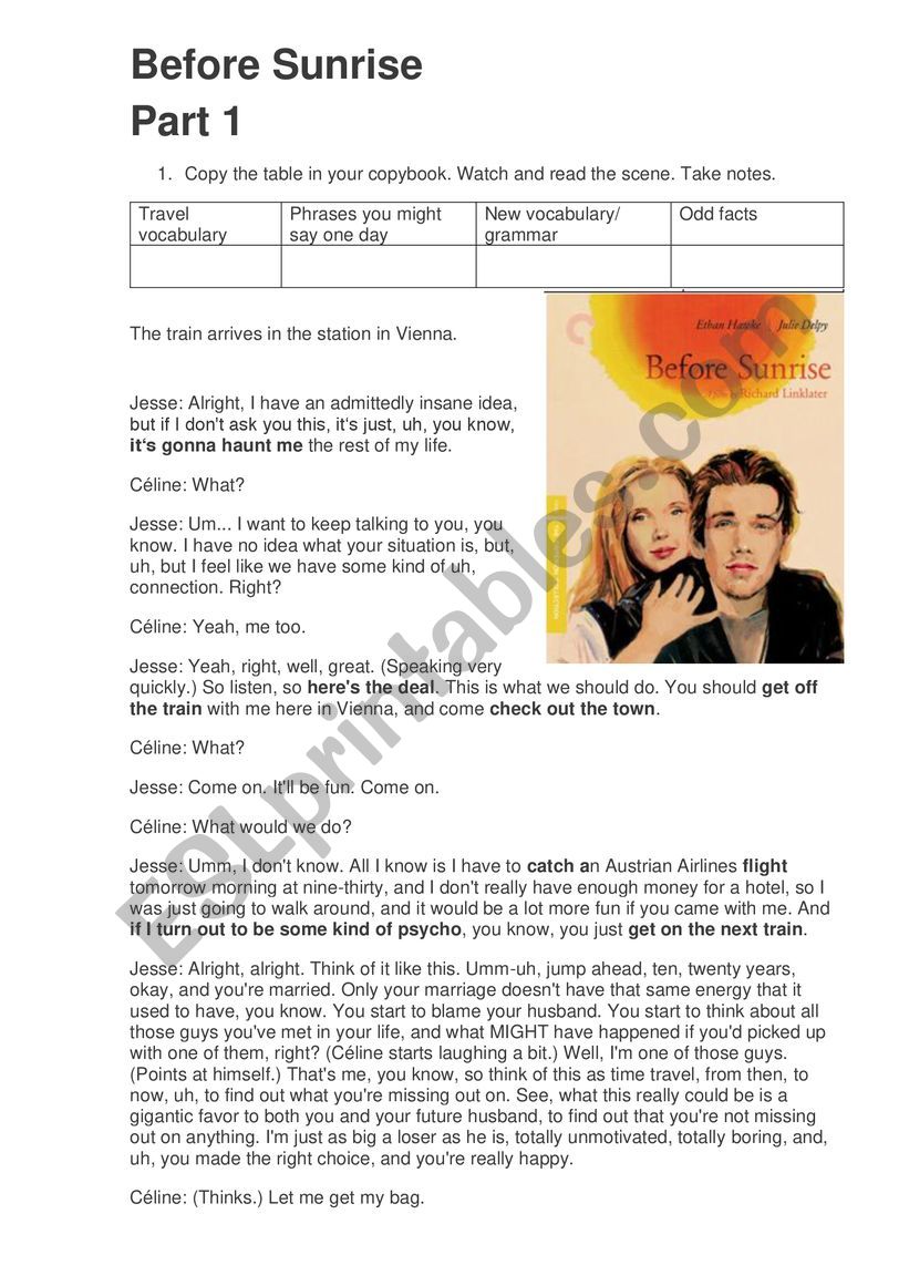 Before Sunrise Movie worksheet Part 1