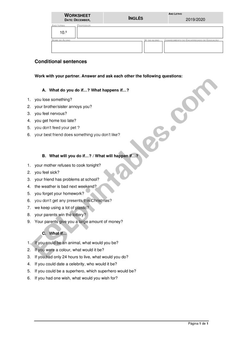 Grammar worksheet on the conditional clauses