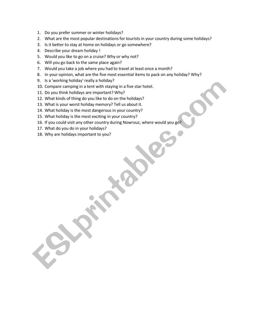 holiday discussion questions worksheet