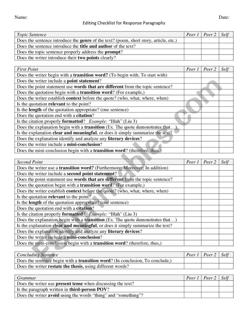 Stand Alone Paragraph Peer Editing Checklist