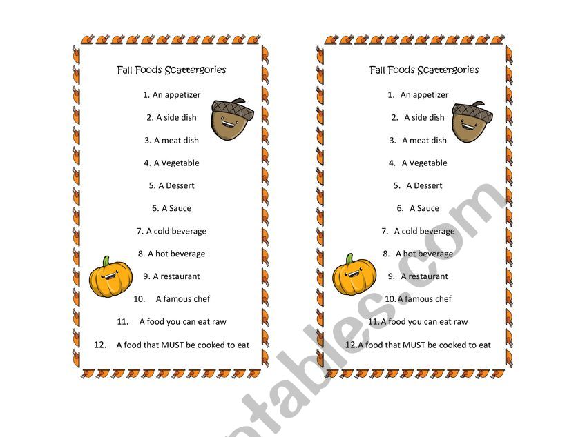 Fall Foods Scattergories Game worksheet
