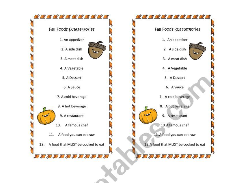 Fall Foods Scattergories Game worksheet