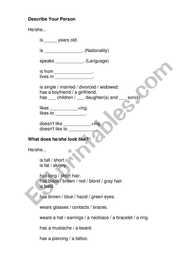 Describe a Person worksheet