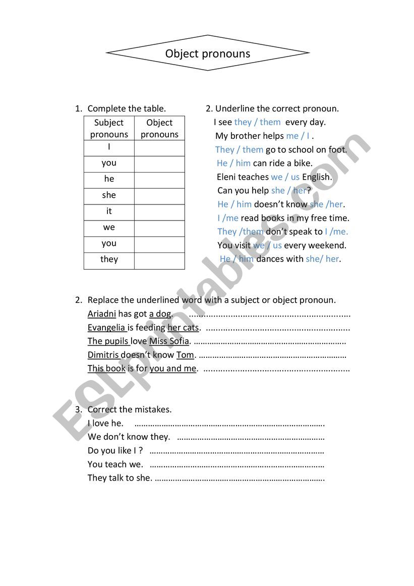 object pronouns worksheet