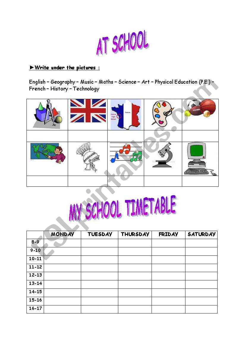 my school timetable worksheet