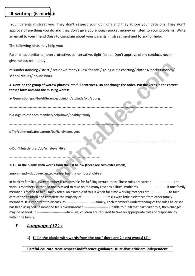 writing and  language tasks worksheet