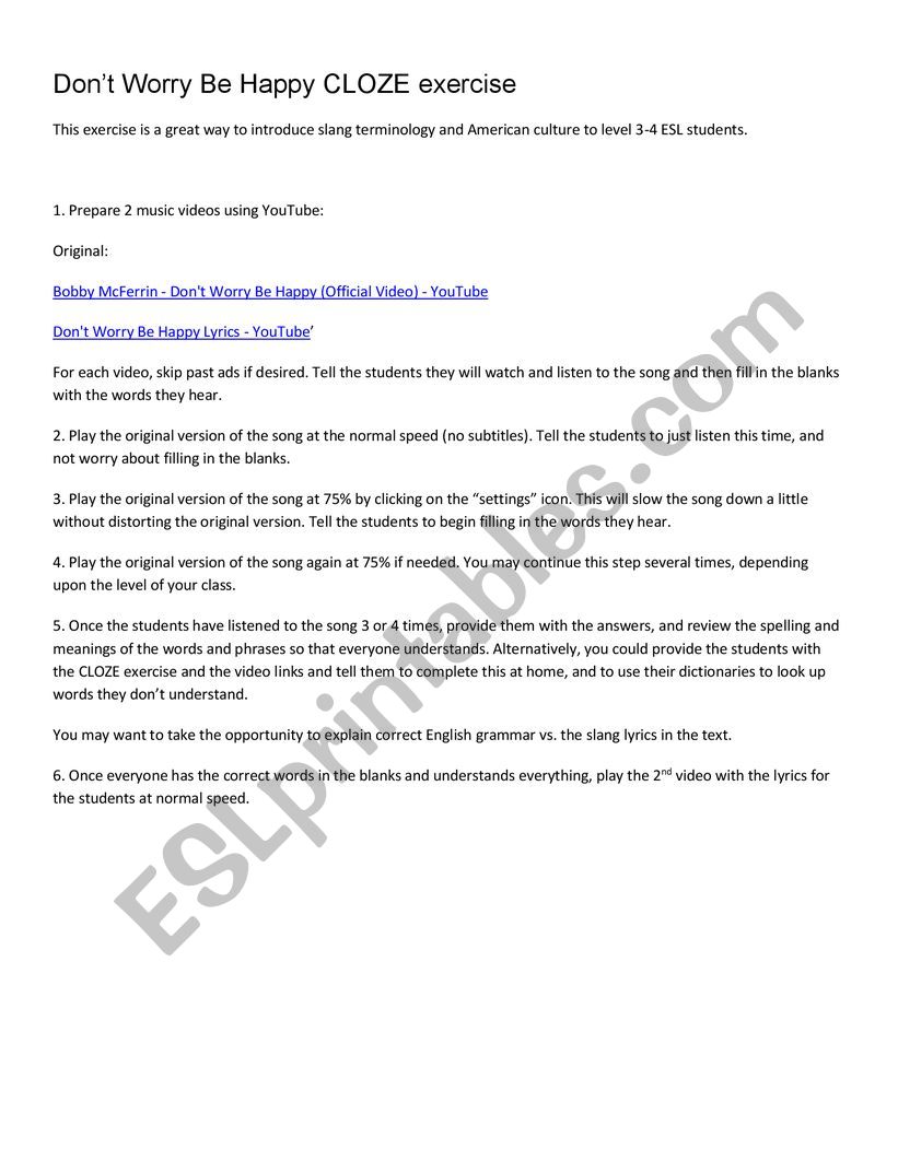 Don�t Worry Be Happy by Bobby McFerrin CLOZE listening exercise