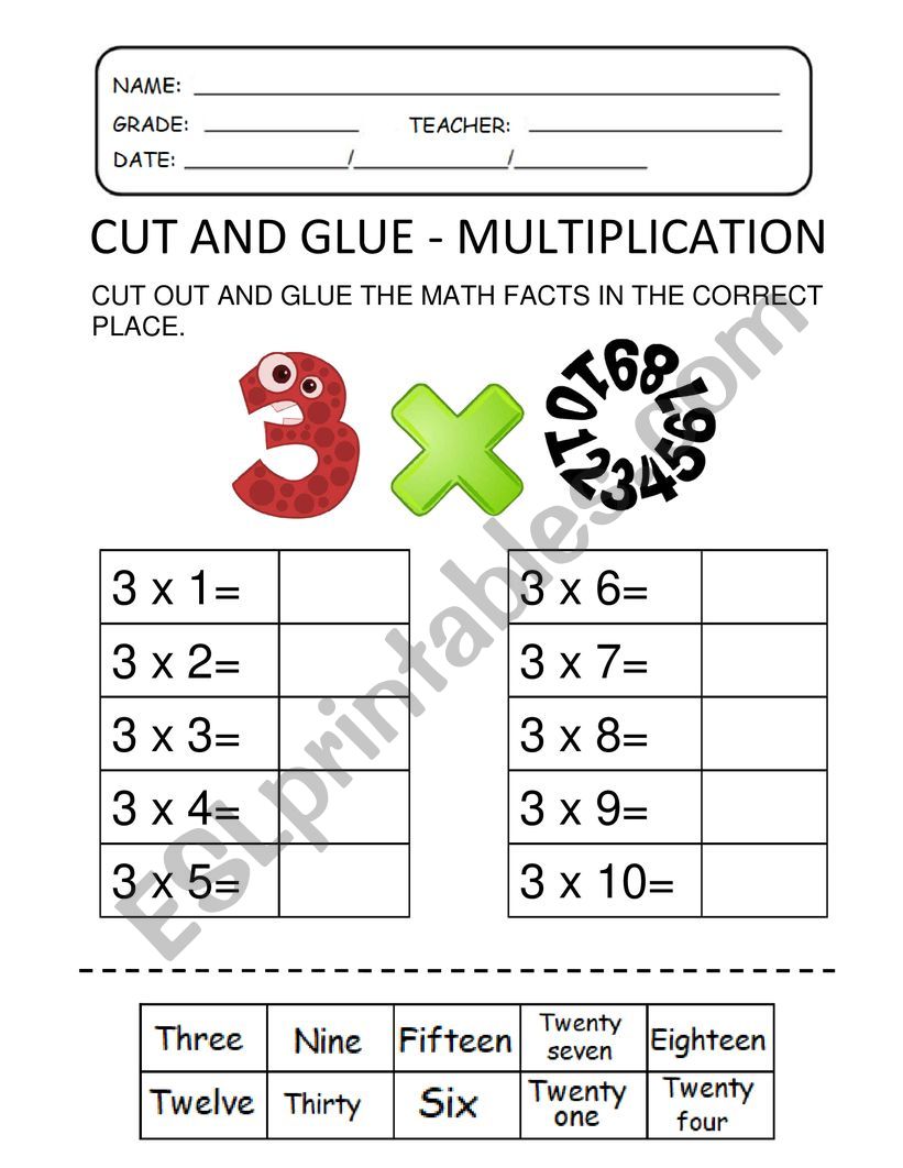 Three times table worksheet