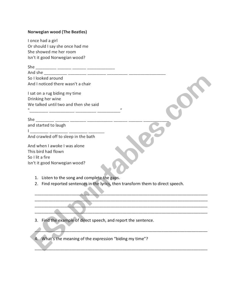 Norwegian Wood - The Beatles worksheet