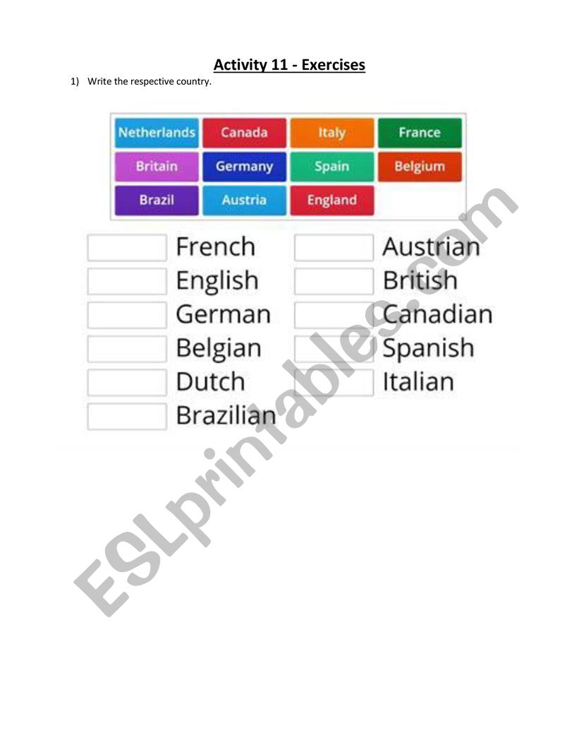 Countries and Nationalities worksheet