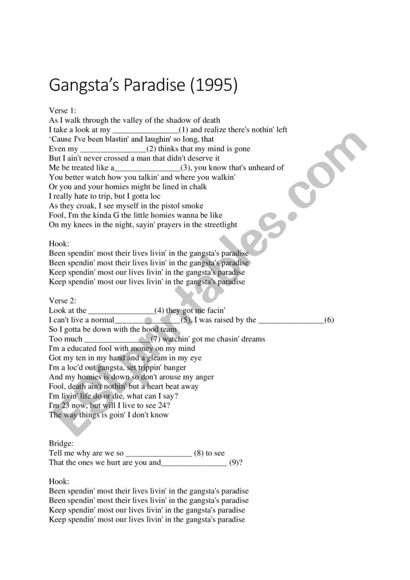 Gangsta�s Paradise  worksheet