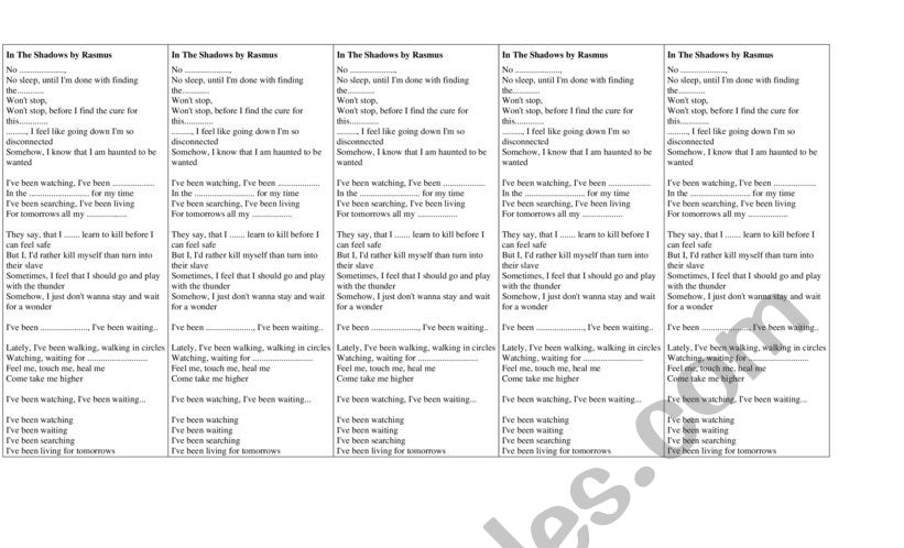 Song In the shadows by Rasmus worksheet