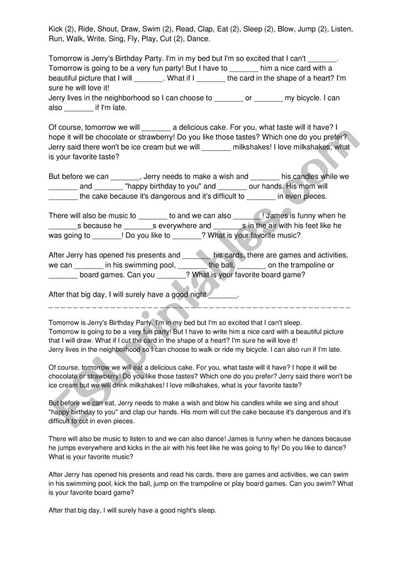 JerryÃ¯Â¿Â½s birthday party  worksheet