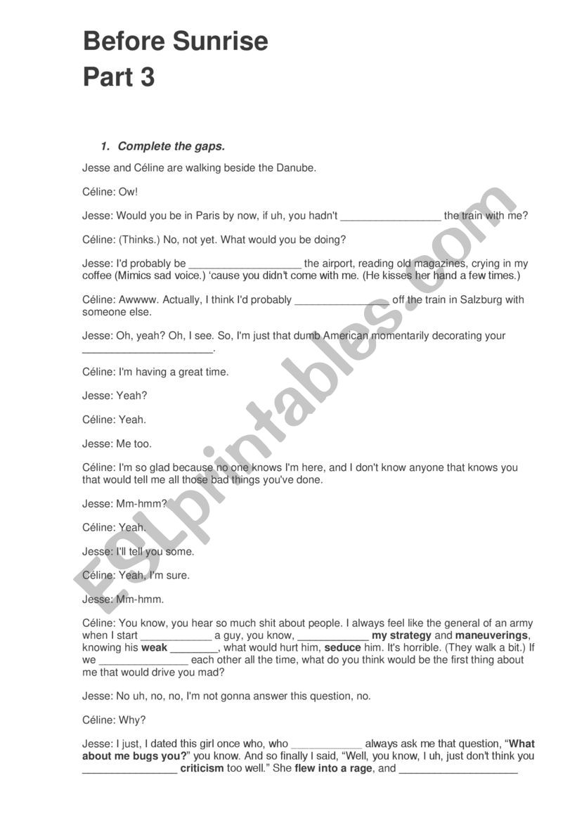 Before Sunrise Movie worksheet Part 3