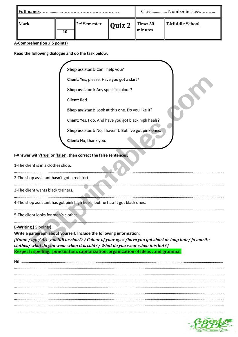 quiz worksheet