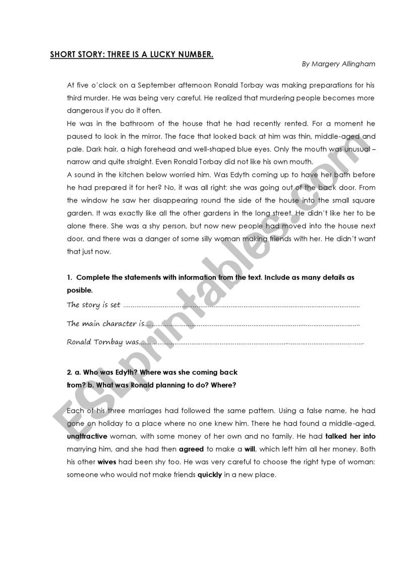 THREE�S A LUCKY NUMBER worksheet
