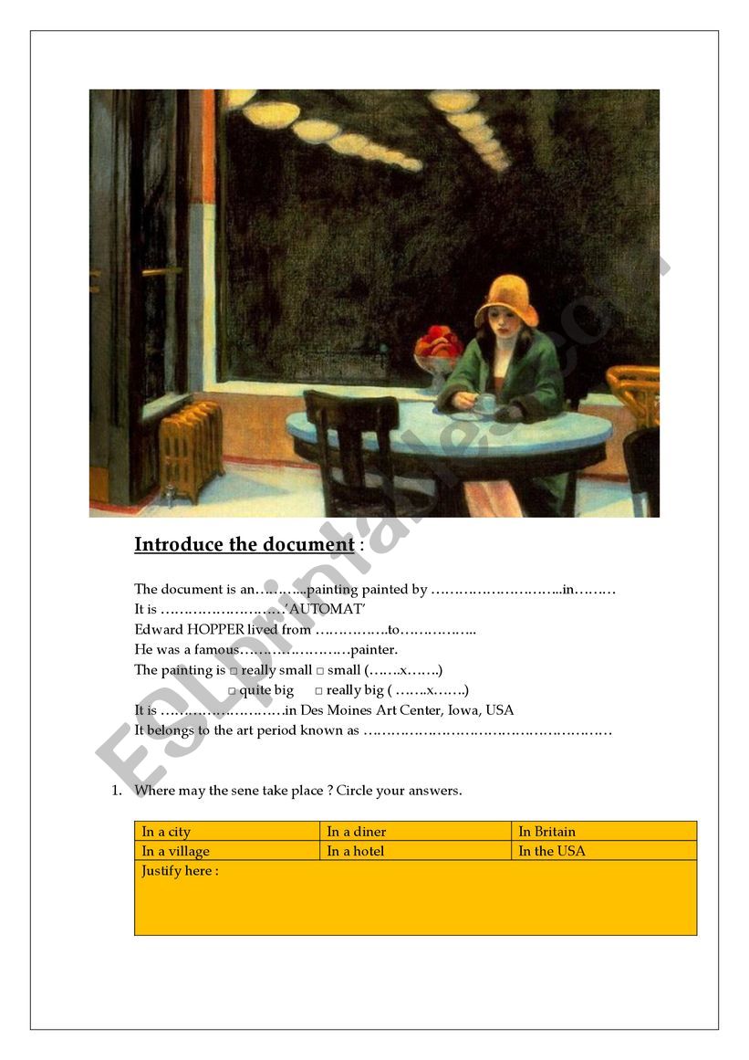 The Automat By Edward Hopper worksheet