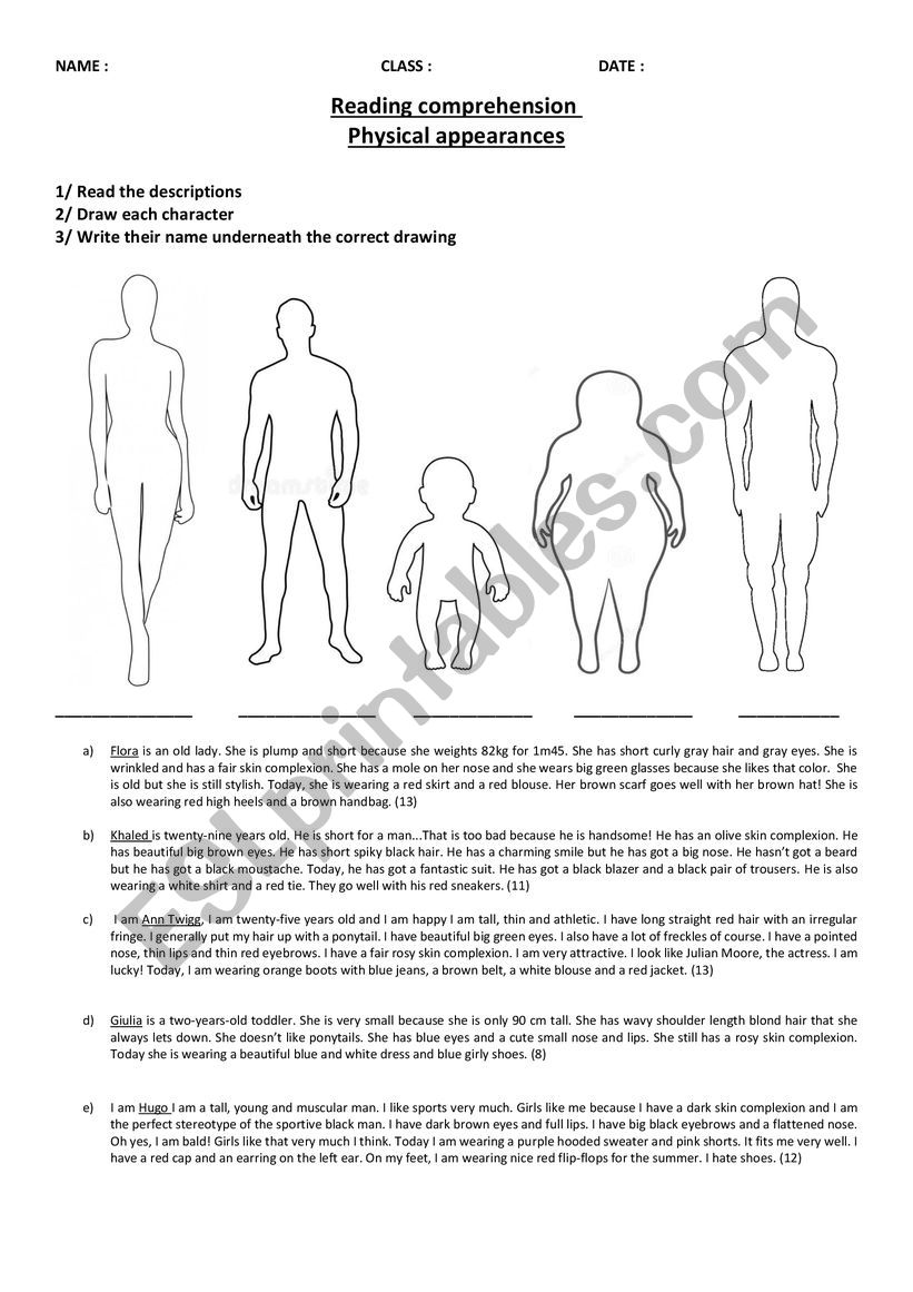 Reading physical appearences worksheet