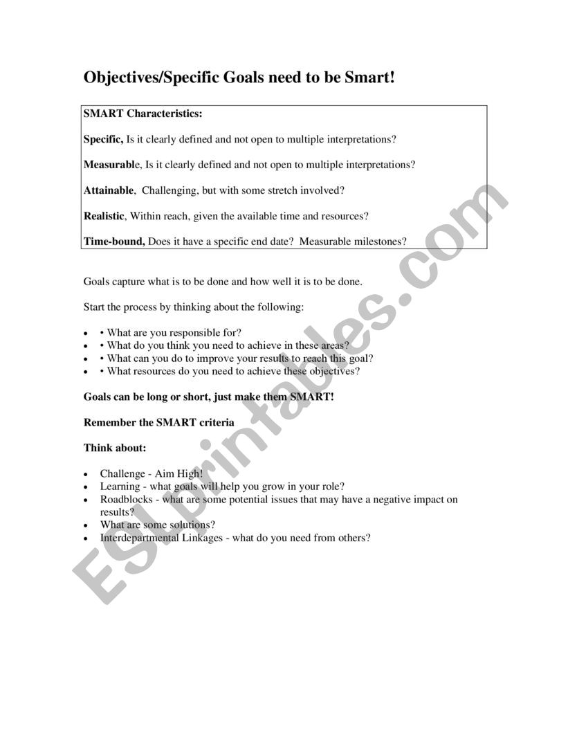Writing SMART objectives  worksheet