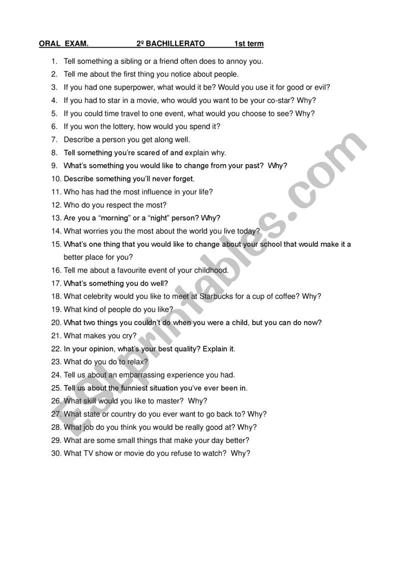 Bachillerato Oral Exam Questions