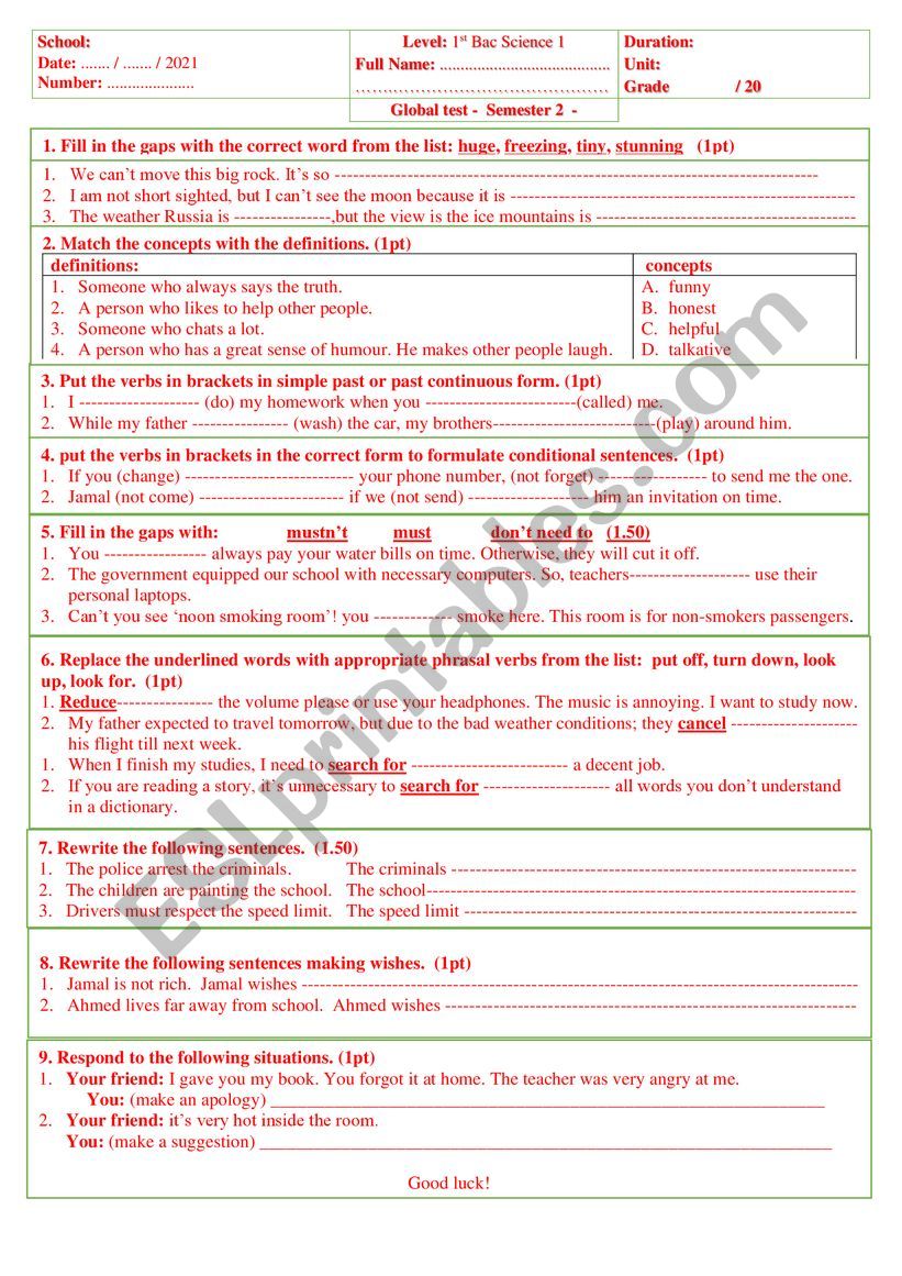 global test 1 bac   b worksheet