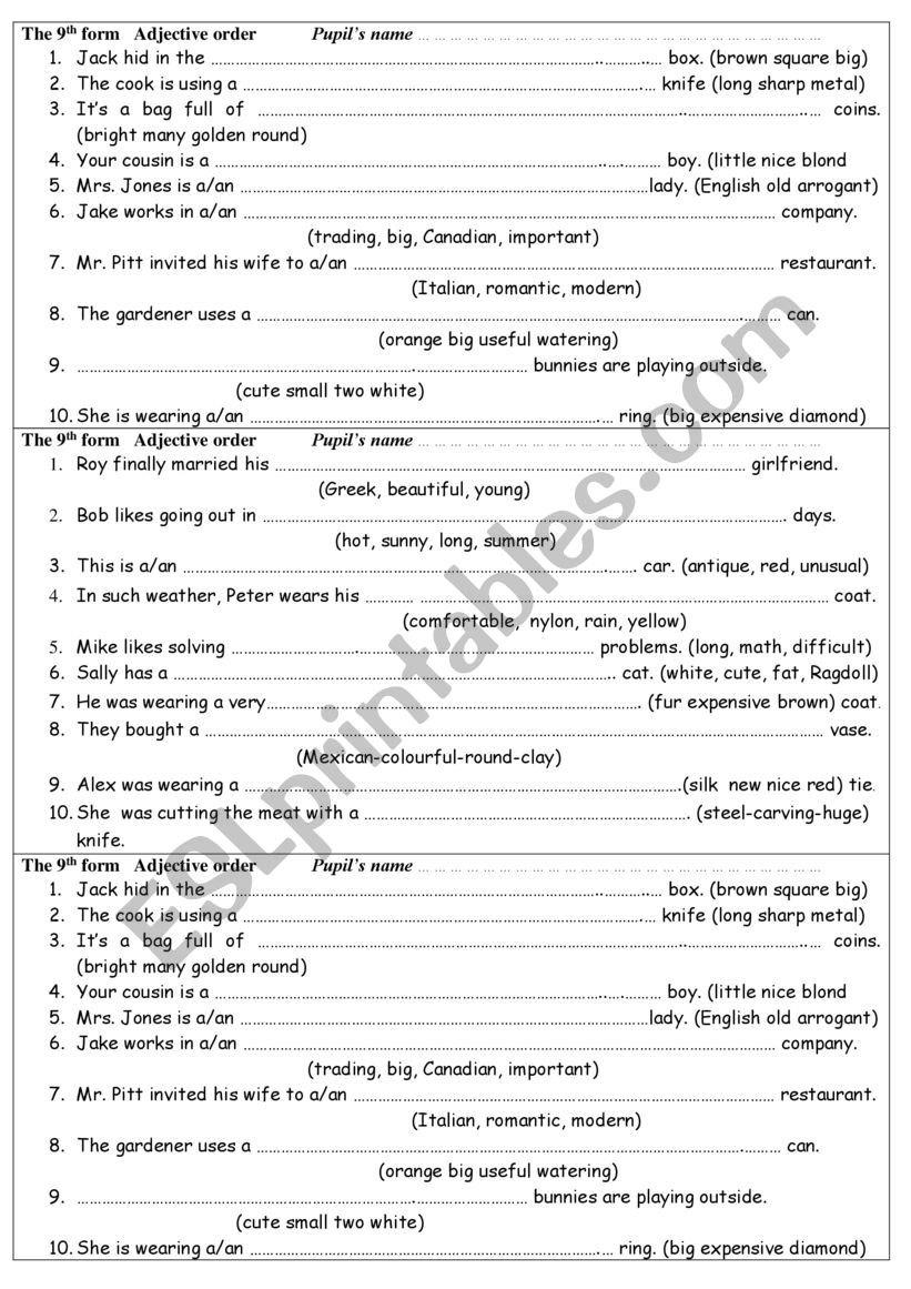 Adjective order worksheet