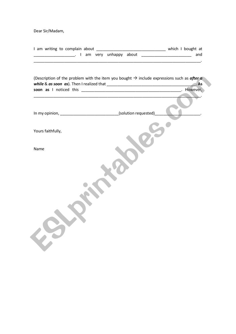 Complaint email worksheet