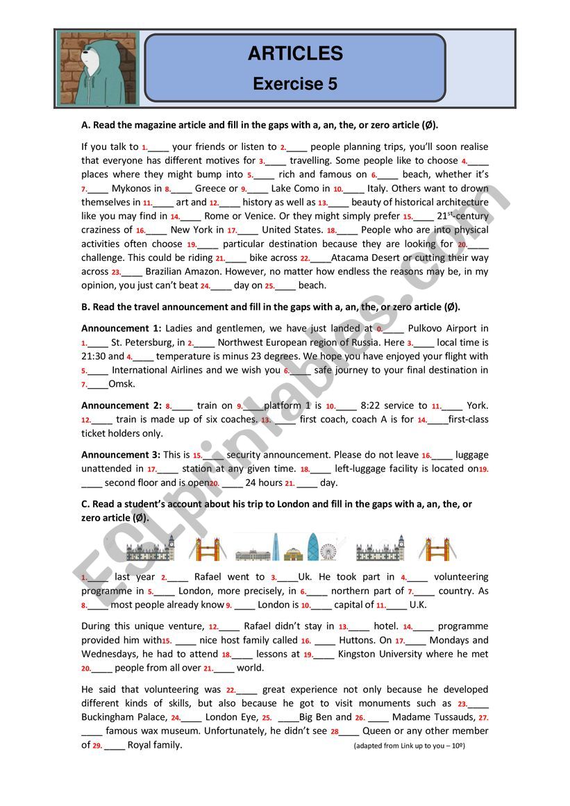 Articles - Worksheet 5 worksheet