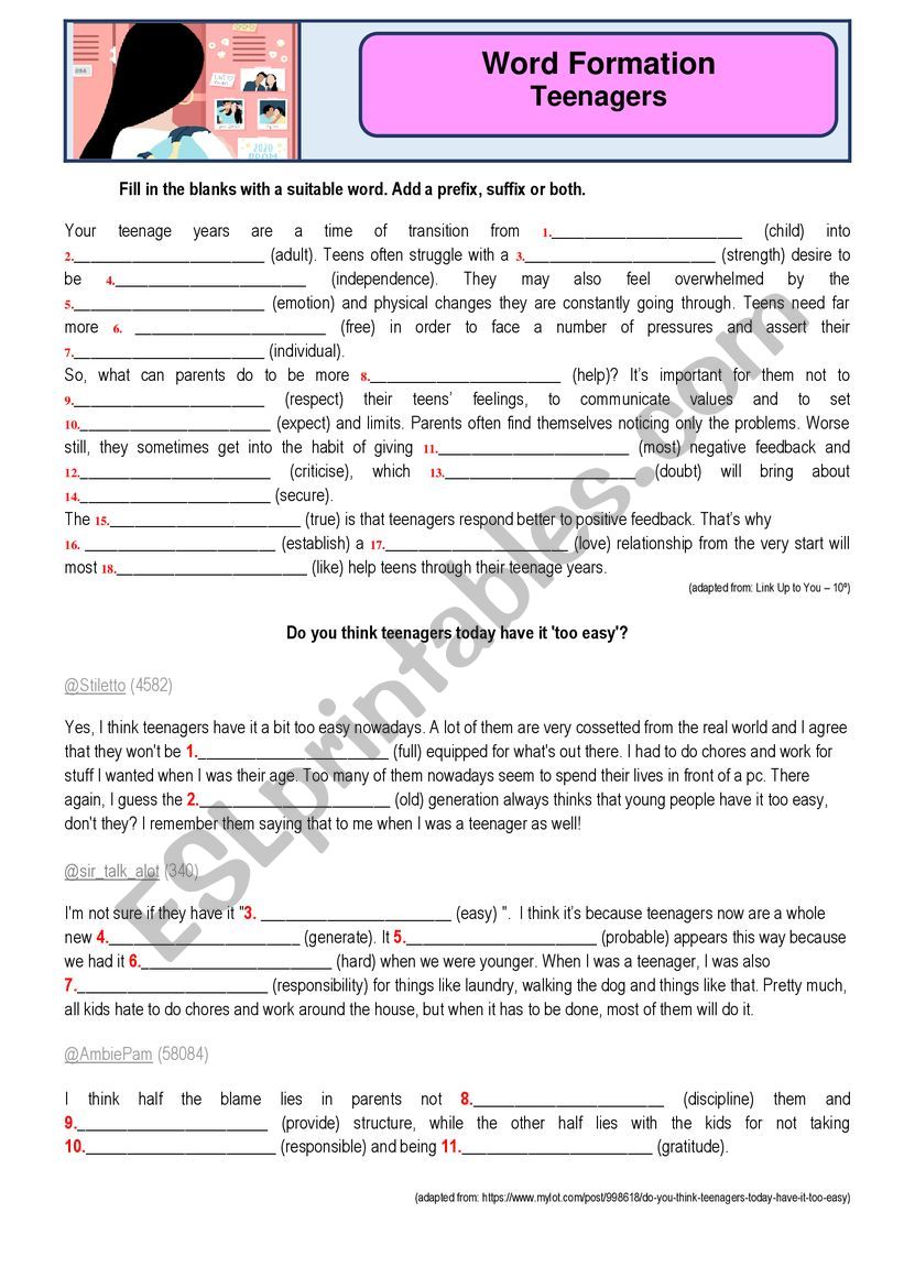 Word formation - Teenagers worksheet