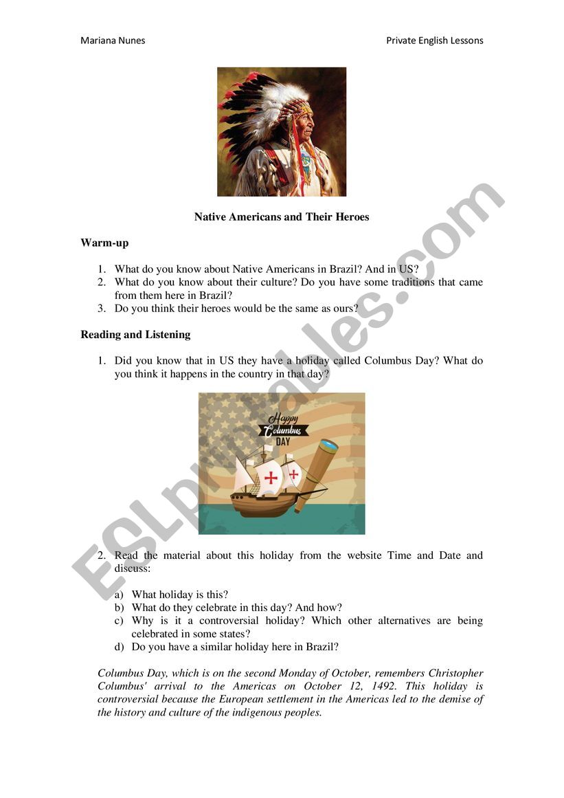 Native Americans� Heroes worksheet
