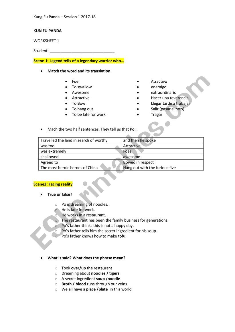 Kung Fu Panda 1 - Session 1 worksheet