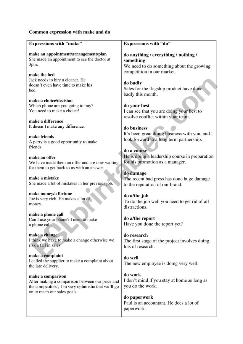 Make vs. do worksheet