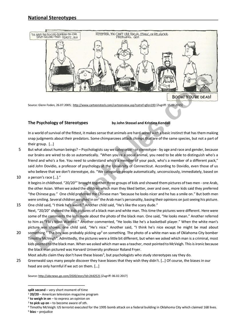 National Stereotyping worksheet