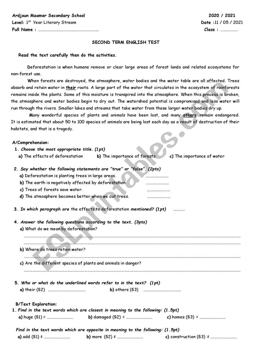 Deforestation Test worksheet