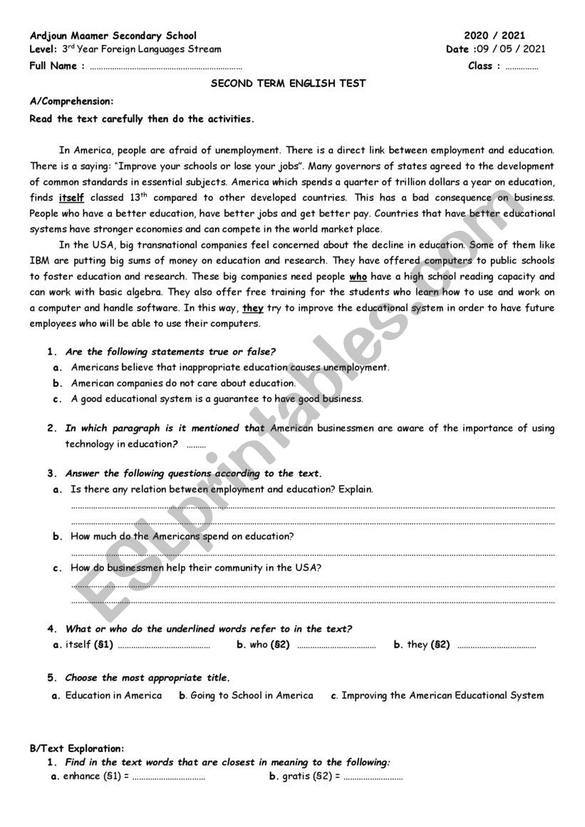 Education Test 3FL worksheet