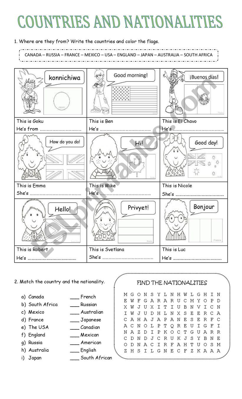 COUNTRIES AND NATIONALITIES worksheet