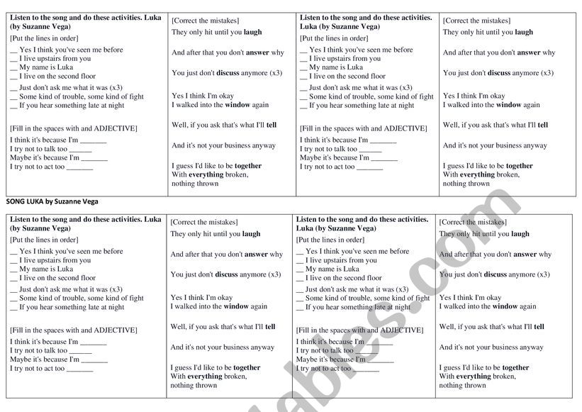 SONG Luka by Suzanne Vega worksheet