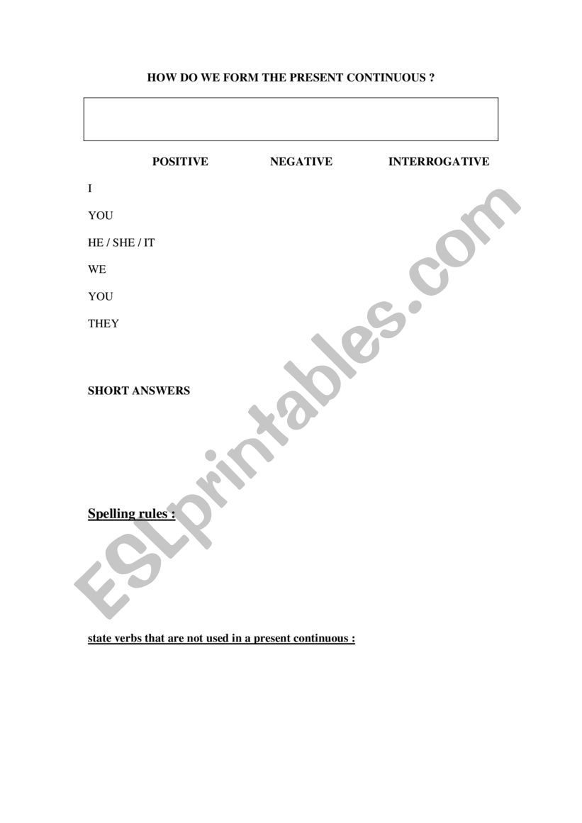 persent continuous worksheet