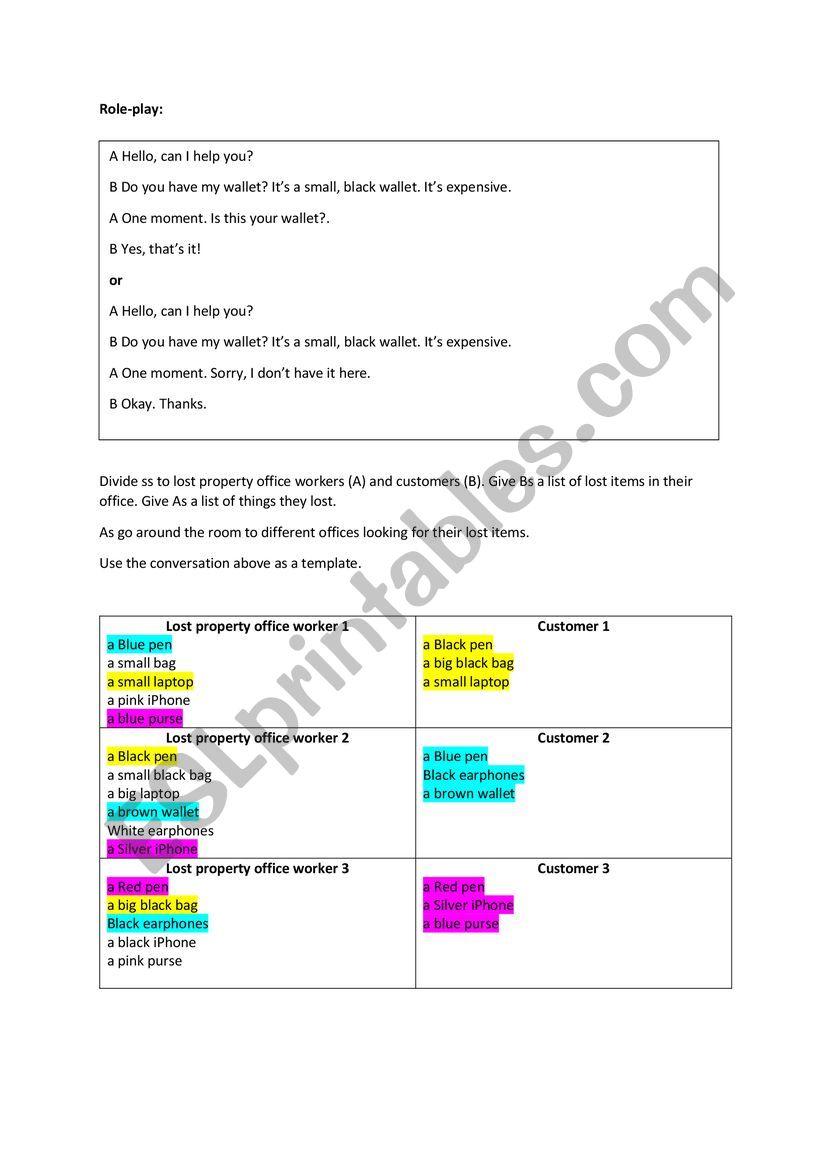 lost belongings role play cards
