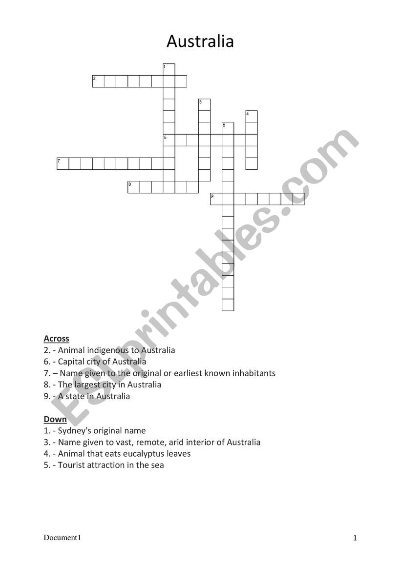 Australia crossword 1 worksheet