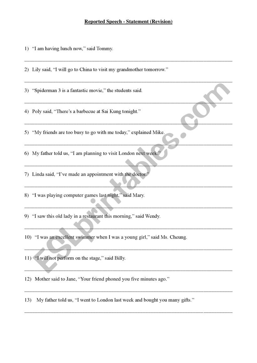 Reported Speech worksheet