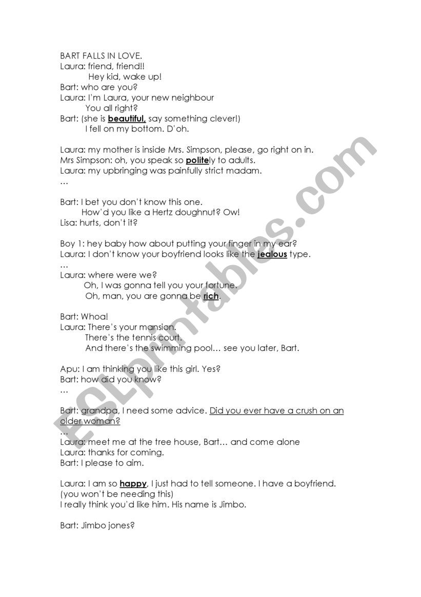 Bart Simpson falls in love worksheet