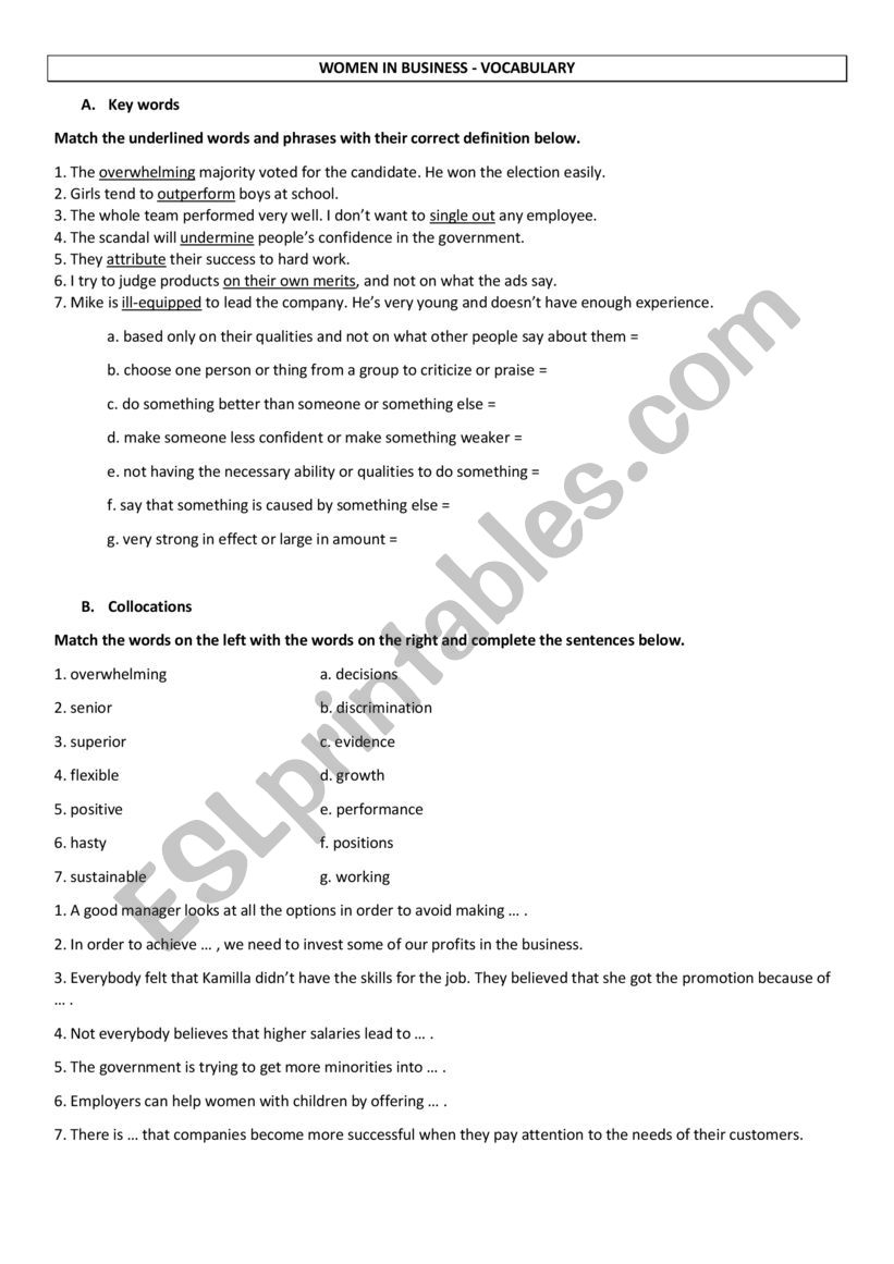 WOMEN IN BUSINESS worksheet